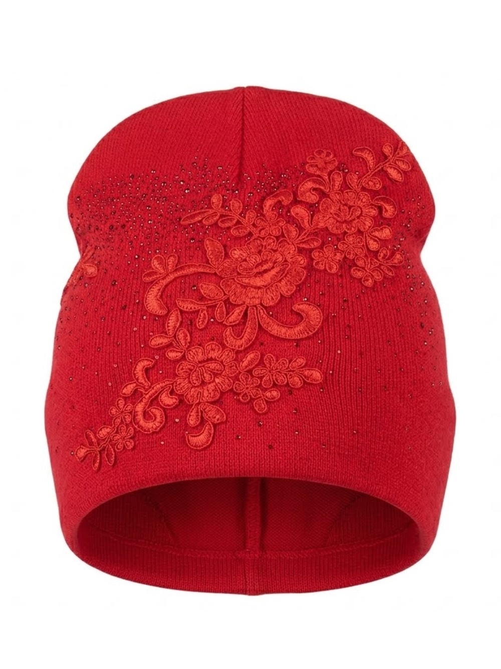 Knit Beanie Hat with Elegant Floral Lace & Crystal Detail